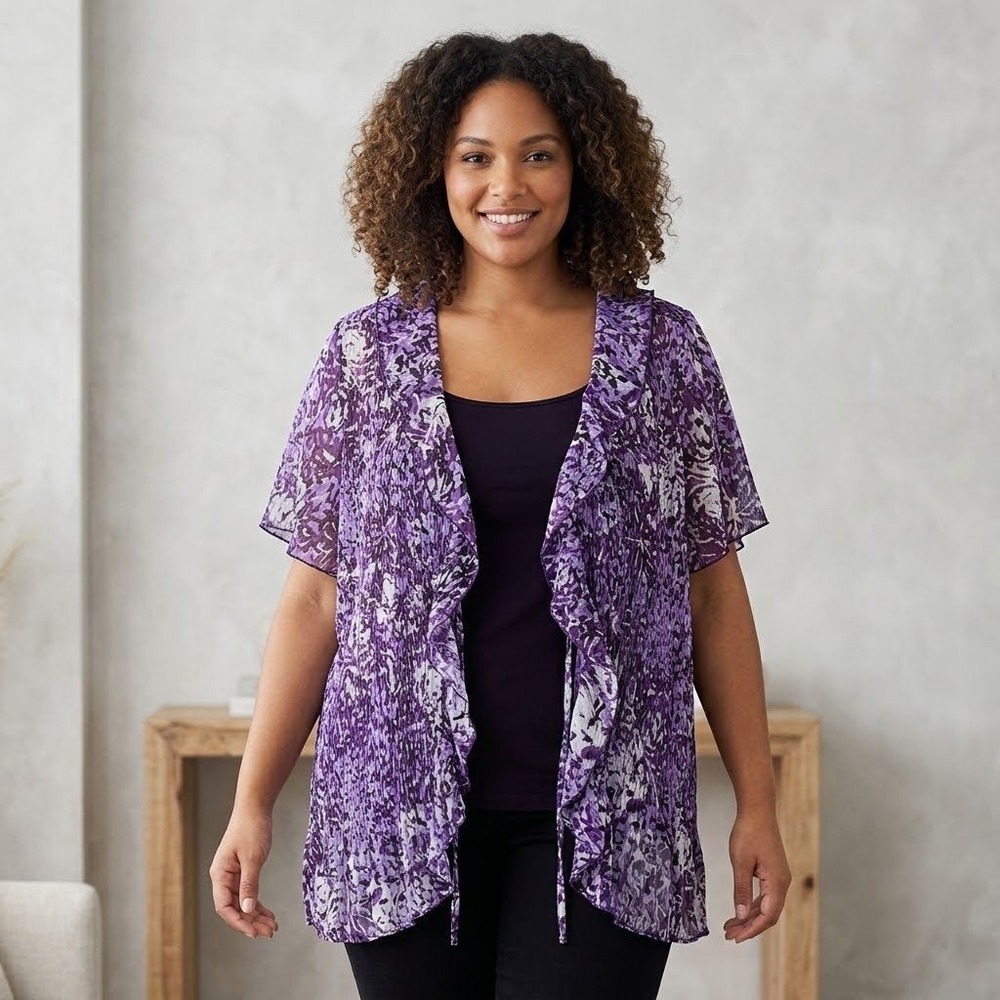 Reitmans Plus Ruffle Cardigan Womens 20 Purple Floral Pleated Sheer Lightweight‎